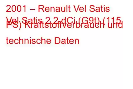 2001 – Renault Vel Satis
Vel Satis 2.2 dCi (G9t) (115 PS) Kraftstoffverbrauch und technische Daten