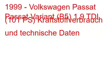 1999 - Volkswagen Passat
Passat Variant (B5) 1.9 TDI (101 PS) Kraftstoffverbrauch und technische Daten