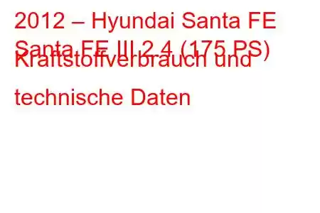 2012 – Hyundai Santa FE
Santa FE III 2.4 (175 PS) Kraftstoffverbrauch und technische Daten