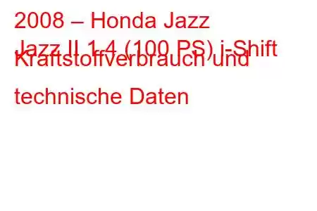 2008 – Honda Jazz
Jazz II 1.4 (100 PS) i-Shift Kraftstoffverbrauch und technische Daten