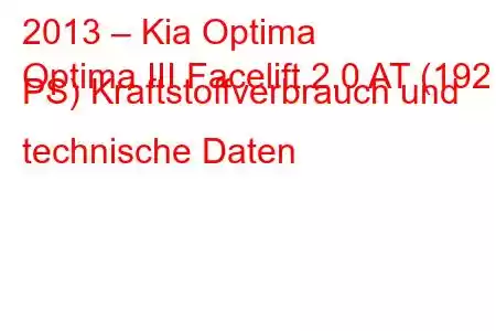 2013 – Kia Optima
Optima III Facelift 2.0 AT (192 PS) Kraftstoffverbrauch und technische Daten