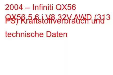 2004 – Infiniti QX56
QX56 5.6 i V8 32V AWD (313 PS) Kraftstoffverbrauch und technische Daten