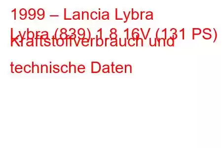 1999 – Lancia Lybra
Lybra (839) 1.8 16V (131 PS) Kraftstoffverbrauch und technische Daten