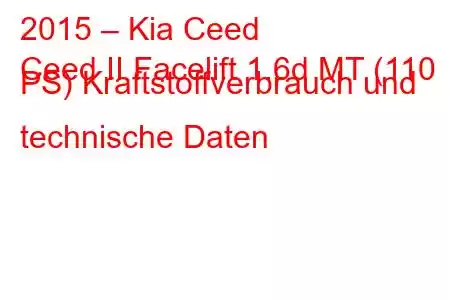 2015 – Kia Ceed
Ceed II Facelift 1.6d MT (110 PS) Kraftstoffverbrauch und technische Daten