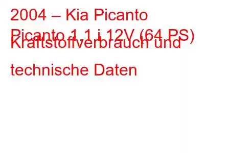 2004 – Kia Picanto
Picanto 1.1 i 12V (64 PS) Kraftstoffverbrauch und technische Daten