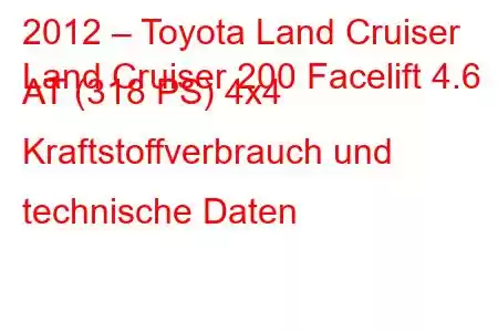 2012 – Toyota Land Cruiser
Land Cruiser 200 Facelift 4.6 AT (318 PS) 4x4 Kraftstoffverbrauch und technische Daten