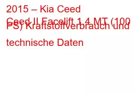 2015 – Kia Ceed
Ceed II Facelift 1,4 MT (100 PS) Kraftstoffverbrauch und technische Daten