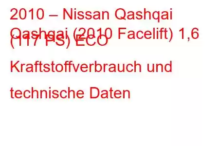 2010 – Nissan Qashqai
Qashqai (2010 Facelift) 1,6 (117 PS) ECO Kraftstoffverbrauch und technische Daten