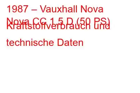 1987 – Vauxhall Nova
Nova CC 1.5 D (50 PS) Kraftstoffverbrauch und technische Daten