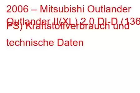 2006 – Mitsubishi Outlander
Outlander II(XL) 2.0 DI-D (136 PS) Kraftstoffverbrauch und technische Daten