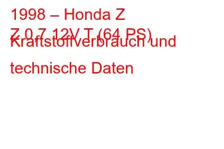 1998 – Honda Z
Z 0,7 12V T (64 PS) Kraftstoffverbrauch und technische Daten