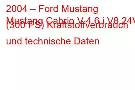 2004 – Ford Mustang
Mustang Cabrio V 4.6 i V8 24V (300 PS) Kraftstoffverbrauch und technische Daten