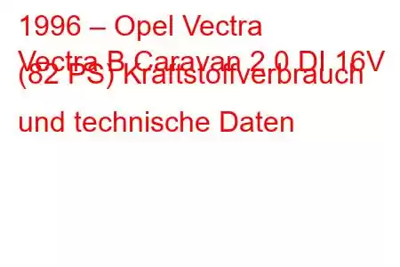 1996 – Opel Vectra
Vectra B Caravan 2.0 DI 16V (82 PS) Kraftstoffverbrauch und technische Daten