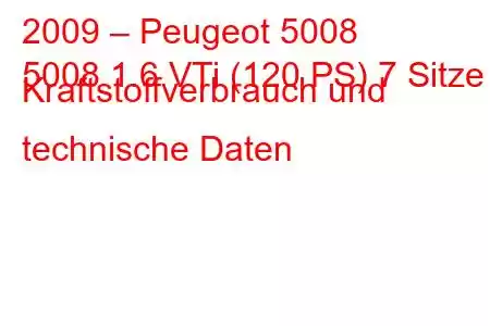 2009 – Peugeot 5008
5008 1.6 VTi (120 PS) 7 Sitze Kraftstoffverbrauch und technische Daten