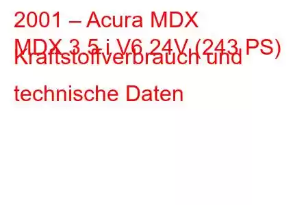 2001 – Acura MDX
MDX 3.5 i V6 24V (243 PS) Kraftstoffverbrauch und technische Daten