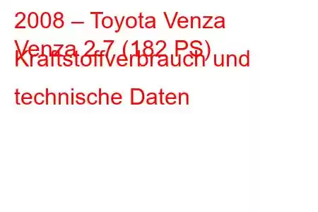 2008 – Toyota Venza
Venza 2.7 (182 PS) Kraftstoffverbrauch und technische Daten