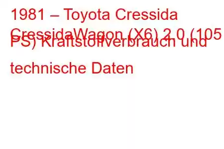 1981 – Toyota Cressida
CressidaWagon (X6) 2.0 (105 PS) Kraftstoffverbrauch und technische Daten