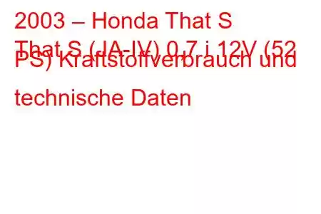 2003 – Honda That S
That S (JA-IV) 0,7 i 12V (52 PS) Kraftstoffverbrauch und technische Daten