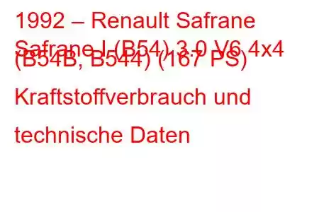 1992 – Renault Safrane
Safrane I (B54) 3.0 V6 4x4 (B54B, B544) (167 PS) Kraftstoffverbrauch und technische Daten