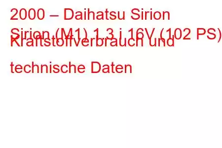 2000 – Daihatsu Sirion
Sirion (M1) 1.3 i 16V (102 PS) Kraftstoffverbrauch und technische Daten