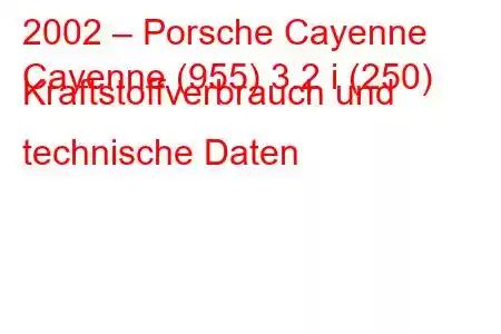 2002 – Porsche Cayenne
Cayenne (955) 3.2 i (250) Kraftstoffverbrauch und technische Daten