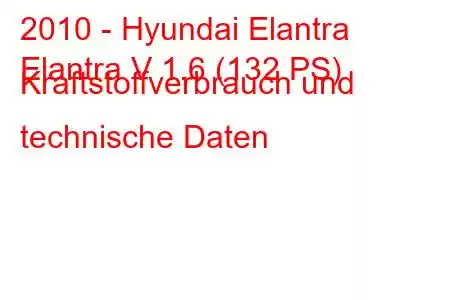 2010 - Hyundai Elantra
Elantra V 1.6 (132 PS) Kraftstoffverbrauch und technische Daten