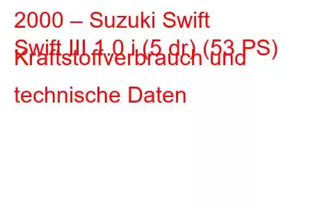 2000 – Suzuki Swift
Swift III 1.0 i (5 dr) (53 PS) Kraftstoffverbrauch und technische Daten