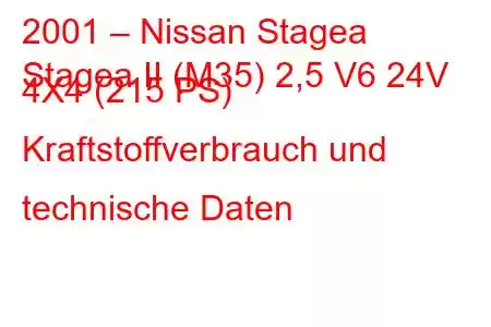 2001 – Nissan Stagea
Stagea II (M35) 2,5 V6 24V 4X4 (215 PS) Kraftstoffverbrauch und technische Daten