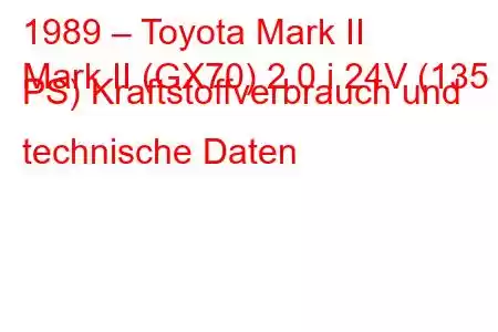 1989 – Toyota Mark II
Mark II (GX70) 2.0 i 24V (135 PS) Kraftstoffverbrauch und technische Daten