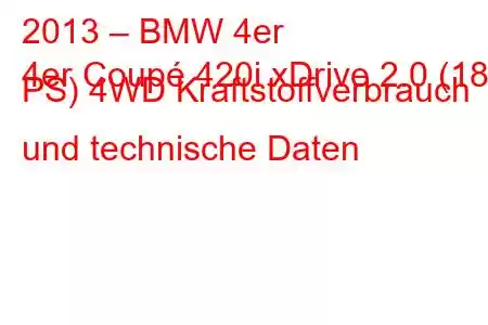 2013 – BMW 4er
4er Coupé 420i xDrive 2.0 (184 PS) 4WD Kraftstoffverbrauch und technische Daten