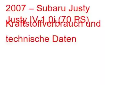 2007 – Subaru Justy
Justy IV 1.0i (70 PS) Kraftstoffverbrauch und technische Daten