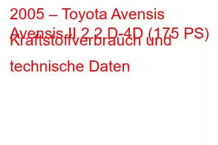 2005 – Toyota Avensis
Avensis II 2.2 D-4D (175 PS) Kraftstoffverbrauch und technische Daten