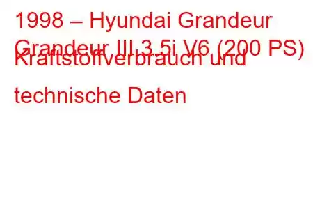 1998 – Hyundai Grandeur
Grandeur III 3.5i V6 (200 PS) Kraftstoffverbrauch und technische Daten