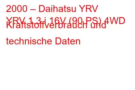 2000 – Daihatsu YRV
YRV 1.3 i 16V (90 PS) 4WD Kraftstoffverbrauch und technische Daten