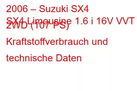 2006 – Suzuki SX4
SX4 Limousine 1.6 i 16V VVT 2WD (107 PS) Kraftstoffverbrauch und technische Daten