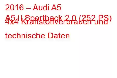 2016 – Audi A5
A5 II Sportback 2.0 (252 PS) 4x4 Kraftstoffverbrauch und technische Daten