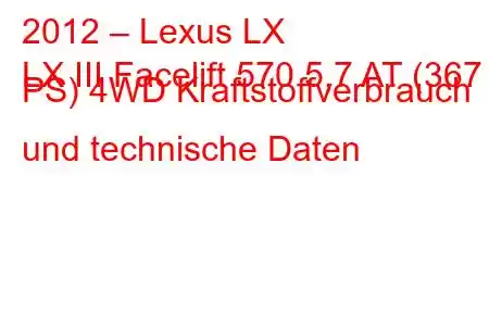 2012 – Lexus LX
LX III Facelift 570 5,7 AT (367 PS) 4WD Kraftstoffverbrauch und technische Daten