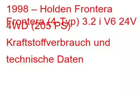 1998 – Holden Frontera
Frontera (4-Typ) 3.2 i V6 24V 4WD (205 PS) Kraftstoffverbrauch und technische Daten