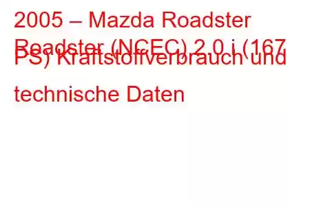 2005 – Mazda Roadster
Roadster (NCEC) 2.0 i (167 PS) Kraftstoffverbrauch und technische Daten