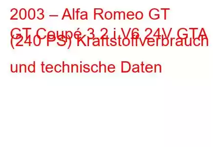 2003 – Alfa Romeo GT
GT Coupé 3.2 i V6 24V GTA (240 PS) Kraftstoffverbrauch und technische Daten