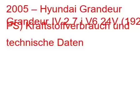 2005 – Hyundai Grandeur
Grandeur IV 2.7 i V6 24V (192 PS) Kraftstoffverbrauch und technische Daten