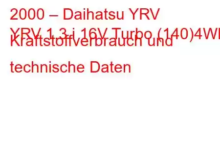 2000 – Daihatsu YRV
YRV 1.3 i 16V Turbo (140)4WD Kraftstoffverbrauch und technische Daten