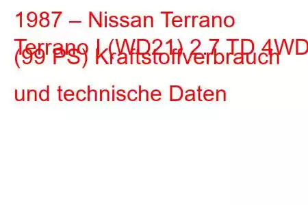 1987 – Nissan Terrano
Terrano I (WD21) 2.7 TD 4WD (99 PS) Kraftstoffverbrauch und technische Daten