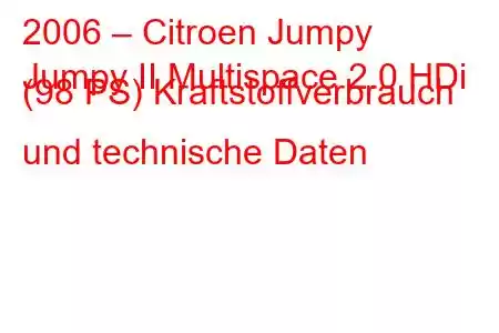 2006 – Citroen Jumpy
Jumpy II Multispace 2.0 HDi (98 PS) Kraftstoffverbrauch und technische Daten