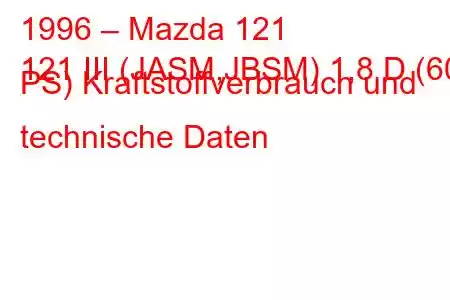 1996 – Mazda 121
121 III (JASM,JBSM) 1,8 D (60 PS) Kraftstoffverbrauch und technische Daten