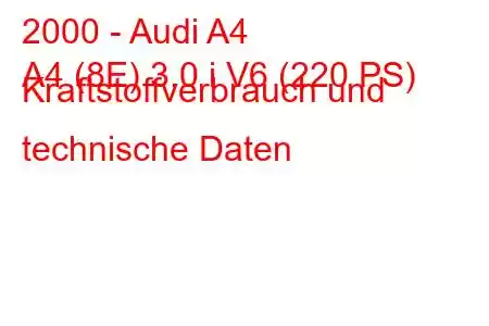 2000 - Audi A4
A4 (8E) 3.0 i V6 (220 PS) Kraftstoffverbrauch und technische Daten