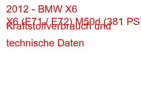 2012 - BMW X6
X6 (E71 / E72) M50d (381 PS) Kraftstoffverbrauch und technische Daten