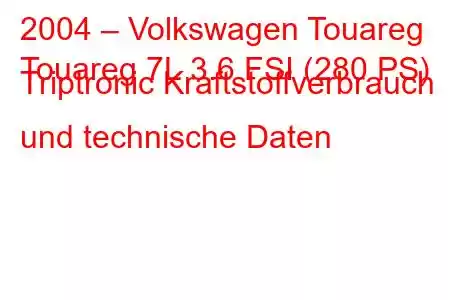 2004 – Volkswagen Touareg
Touareg 7L 3.6 FSI (280 PS) Triptronic Kraftstoffverbrauch und technische Daten