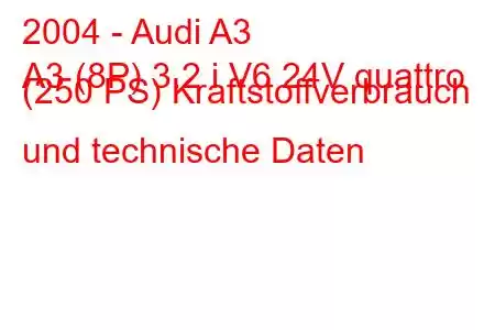 2004 - Audi A3
A3 (8P) 3.2 i V6 24V quattro (250 PS) Kraftstoffverbrauch und technische Daten