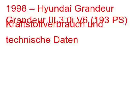 1998 – Hyundai Grandeur
Grandeur III 3.0i V6 (193 PS) Kraftstoffverbrauch und technische Daten